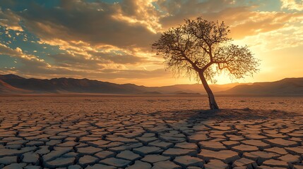 Solitary Tree Standing in Cracked Earth at Dramatic Golden Sunset