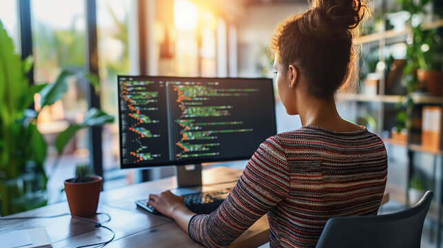 Woman software developer coding in a bright open-plan tech office with natural light