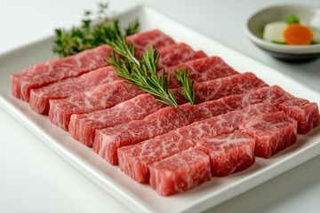 Fototapeta premium Close-up culinary experience sizzling wagyu beef cuts in gourmet restaurant kitchen