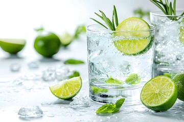 Fototapeta premium Refreshing gin and tonic cocktail with lime and rosemary sprig on bright white background studio shot