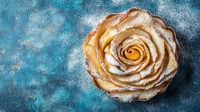 Homemade apple rose cake with powdered sugar, styled on a vibrant blue background for a rustic aesthetic
