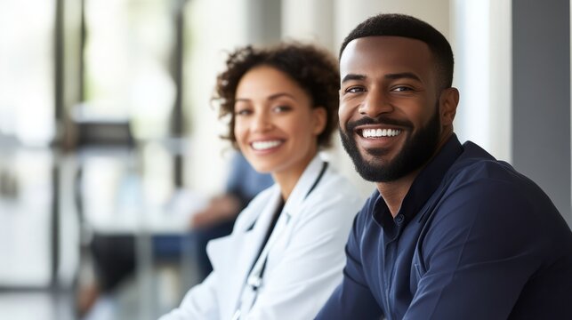 The pharmaceutical sales representative talked with the doctor in the medical building. Ambitious male sales representatives present products like doctors