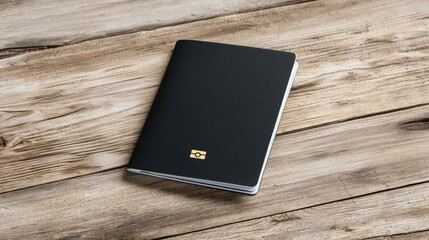Black passport on wooden table, travel planning (1)