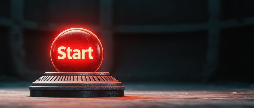 decisions logic execution concept. Start button with glowing red light