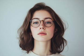 Obraz premium A beautiful woman wearing eyeglasses looks directly at the camera