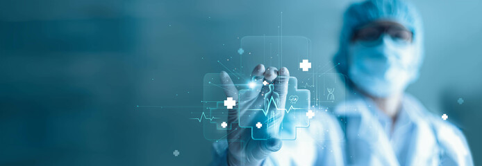 Male medicine doctor holding plus sign virtual means to offer positive thing of patient and people...