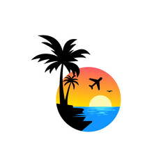 Obraz premium Tropical Vacation Paradise Sunset Beach, Palm Trees, Airplane Flight