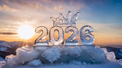 2026 happy new year. Illustration of an ice sculpture of the year 2026 on snow background.
