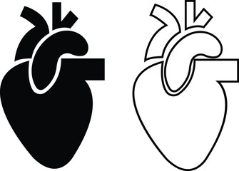 Human anatomical heart black flat, outline icons set. Heart diagnostic center sign. Ideal for medical, healthcare or biology-related themes and vectors illustration isolated on transparent background.