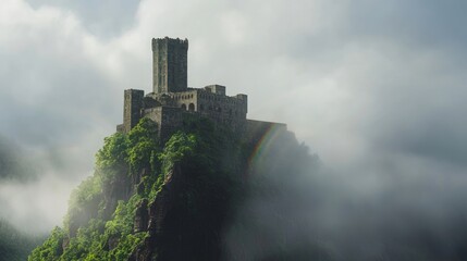 Century-Old Fort at the Pinnacle Amidst Swirling Mist and Clouds