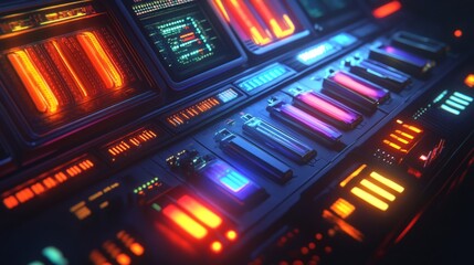  Illuminated server room panel with glowing led lights and high-tech circuitry, showcasing a secure data center infrastructure with modern networking equipment in a cool blue cybernetic atmosphere"
