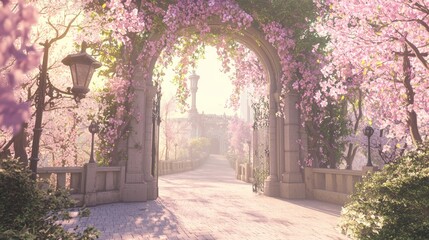 Obraz premium Old City Gate Draped in Bright Vines Surrounded by Blossoming Trees