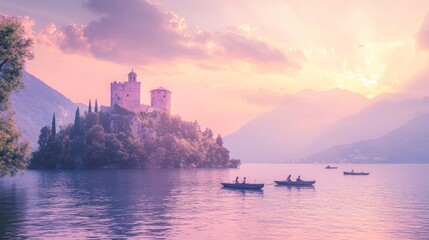 Naklejka premium Serene Panoramic Lake Scene with Rowboats and Majestic Castle