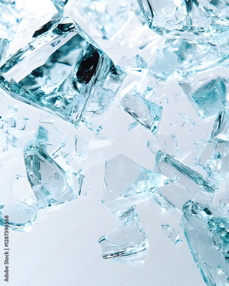 Poster abstract shards of transparent ice reflecting light on a clean white surface creating a cool and mod