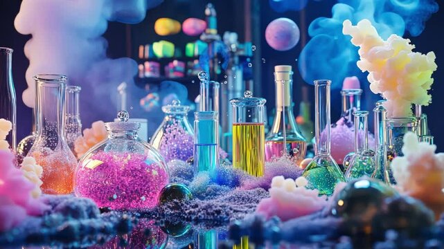 A whimsical, vibrant Chemistry experiment: Colorful liquids, bubbling potions and magical smoke in glass beakers, flasks, and test tubes.