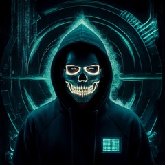 Portrait of a sinister man in a dark hoodie and a glowing skull mask against the background of a neon door of a bank safe. Hacker, villain, intruder, digital safecracker