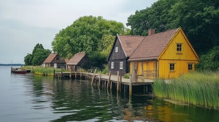 Obraz premium Charming Lakeside Village: Picturesque Wooden Houses on Calm Waters