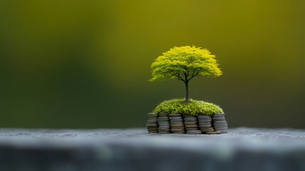 A miniature tree growing on a mound of coins, symbolizing growth and financial investment against a blurred background