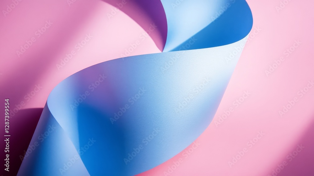 Poster Blue and pink curling paper on pastel background with soft shadows. Minimalist abstract art concept