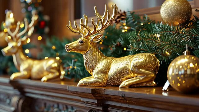 Elegant Golden Reindeer Displayed Amidst Festive Holiday Decor and Garland