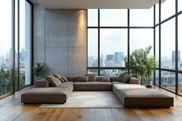 Modern apartment living room with city view and large sofa