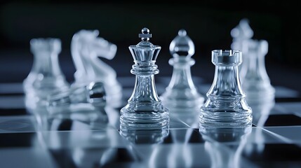 Glass chess pieces arranged on a board with a blurred background, creating a strategic atmosphere