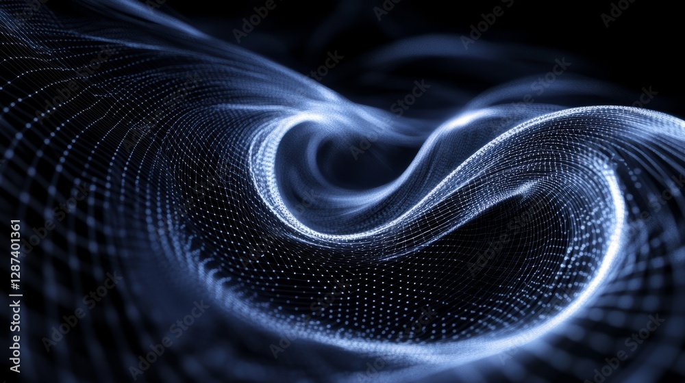 Poster futuristic abstract wave motion pattern with dynamic mesh lines on dark blue background – modern tec