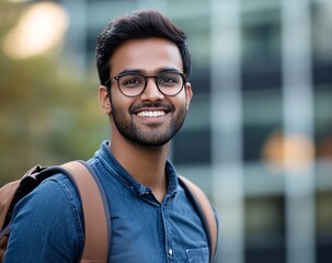 Obraz premium Handsome Indian Man Wearing Glasses, Charmingly Smiling and Looking at Camera