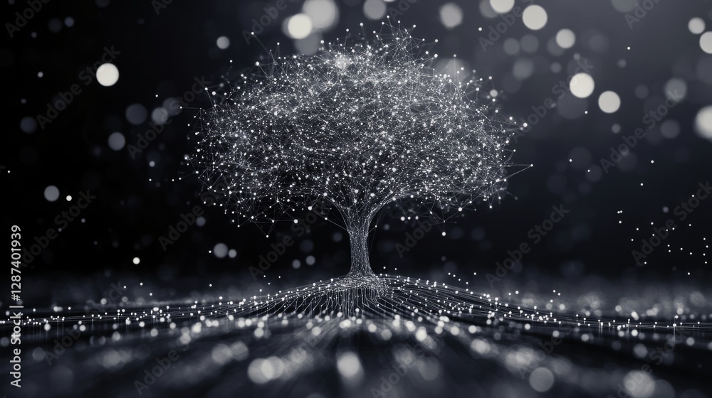 Poster futuristic digital tree with connected network branches showcasing cyber data flow, abstract technol