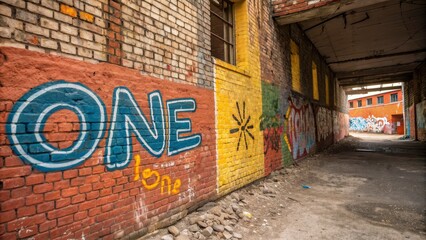 Naklejka premium Brick Wall Graffiti Alley ONE Tag, Colorful Murals, Urban Decay, Photography Graffiti, Urban Art
