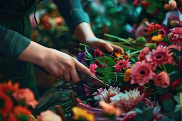 Clear Pixel Visual of Closeup Florist Cutting Flowers for Bouquet
