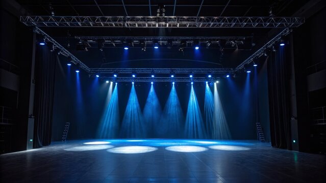 Empty Stage with Blue Lighting Truss, Spotlights, Concert Venue, Dark Background stage lighting, concert stage