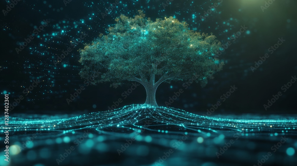 Poster futuristic digital tree with connected network branches showcasing cyber data flow, abstract technol
