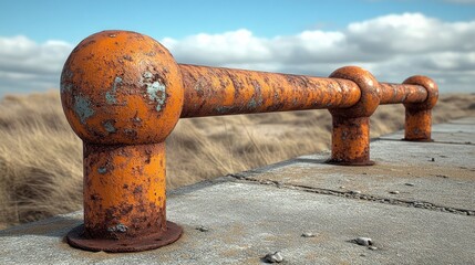 Rusty orange railing on a coastal concrete wall