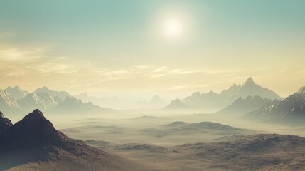 Expansive Desert Landscape with Smooth Crescent Dunes and Mountains