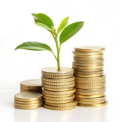 Financial Growth Concept: Plant Growing from Stacks of Gold Coins