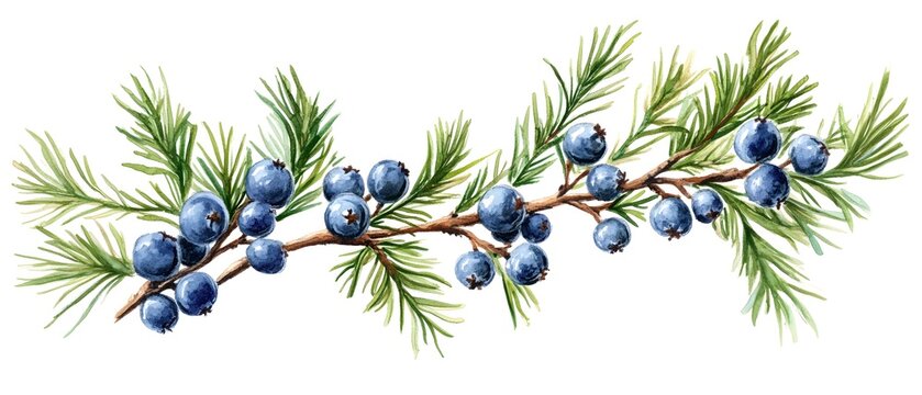 Watercolor juniper branch with ripe blue berries painting botanical illustration for decoration nature art