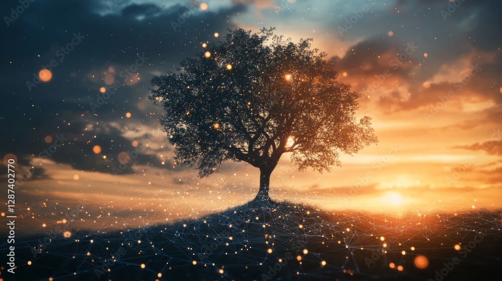 Poster futuristic digital tree with connected network branches showcasing cyber data flow, abstract technol