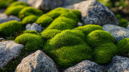 Lush Green Moss Growing on Grey Rocks