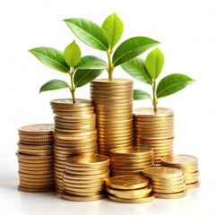 Financial Growth Concept: Plant Growing from Stacks of Gold Coins
