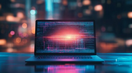 Futuristic laptop computer with glowing display showcasing digital connectivity and modern communication technology in a dark ambient setting – 3d illustration of high-tech innovation, wireless networ