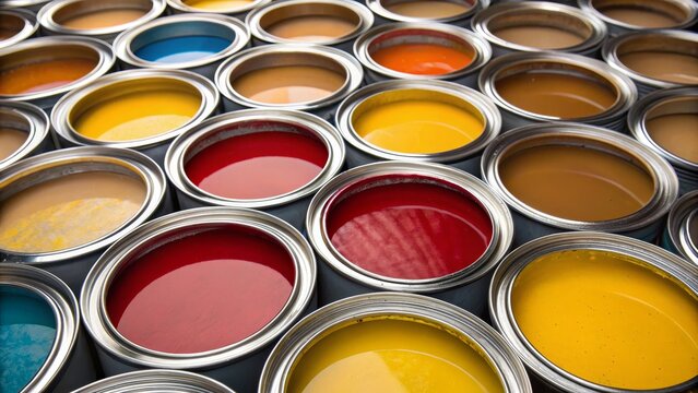 Vibrant Paint Cans High-Angle Close-Up Composition of Colorful Paint in Metal Containers, Color Palette, Paint Texture Paint, Colors