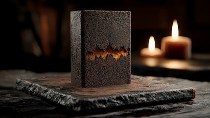 Dark Textured Block with Golden Interior Detail on Dark Stone