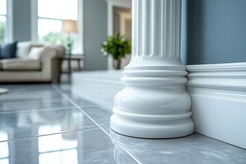 Close-up of a white sideboard leg on a gray floor, photorealistic high-resolution rendering with intricate details.