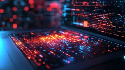 Fototapeta premium Futuristic laptop computer with glowing display showcasing digital connectivity and modern communication technology in a dark ambient setting – 3d illustration of high-tech innovation, wireless networ