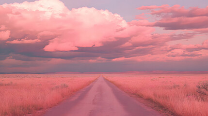 A road that stretches straight to the horizon, a landscape and sky dyed in pink