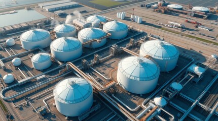 Aerial view of a large liquefied natural gas plant with storage tanks and pipelines