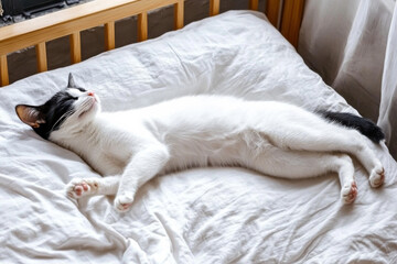 A cat is laying on a bed with its paws on its face