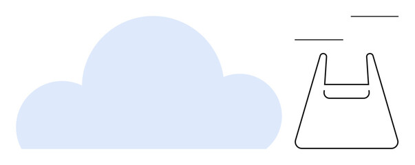 Blue cloud shape and black outline of a shopping bag with lines above it. Ideal for concepts of online storage, shopping, data, minimalism, organization, cloud services, e-commerce. Abstract line