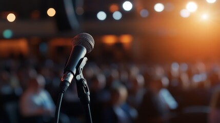 A focused microphone in the foreground, with a blurred audience and warm stage lights creating an inviting atmosphere for public speaking.